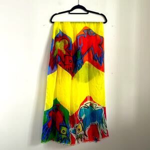 CIKANA The Rooster 100% silk art to wear bird printed chevron raw hem scarf